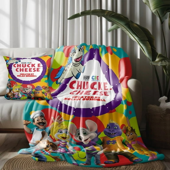 Throw Blanket and Pillowcase Set of 2，Chuck E Cheese Thin Bed Couch Decor Kids Adult Nap Micro Fleece Fuzzy Blankets Bedroom Car All Season Birthday Gifts 30×40 inch