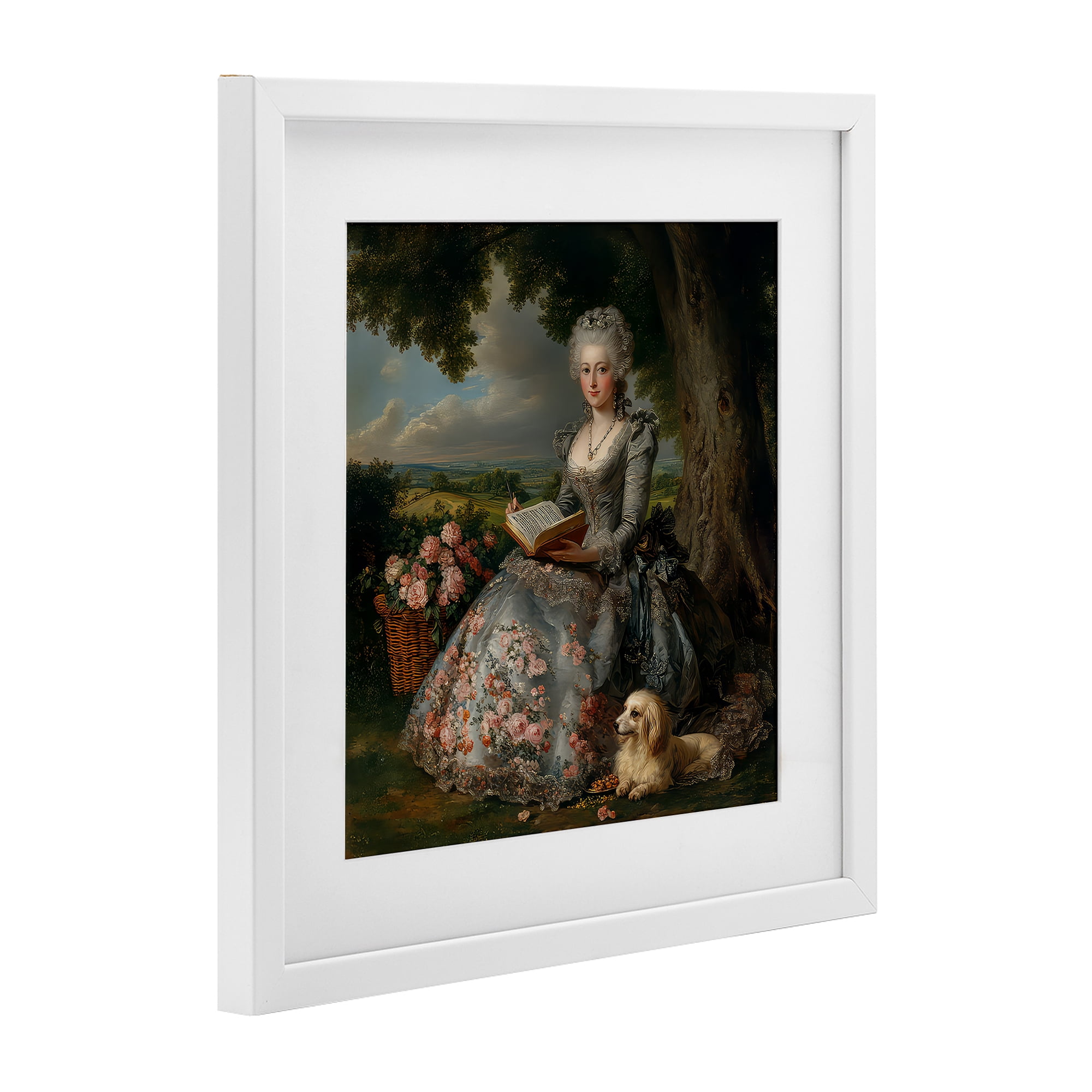 Stupell Industries Reading Rococo Lady with Dog White Framed Print Under Glass, design by The Wands Want