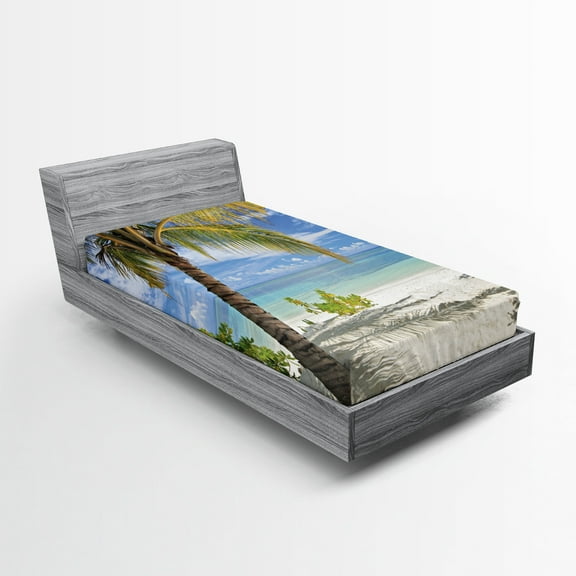 Ambesonne Tropical Fitted Sheet, Palm Trees Coastline, Twin XL Size, Coconut and Blue