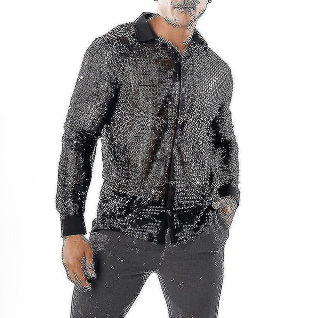 Top de malla con lentejuelas brillantes para hombre, camisa de baile disco de los años 60 y 70