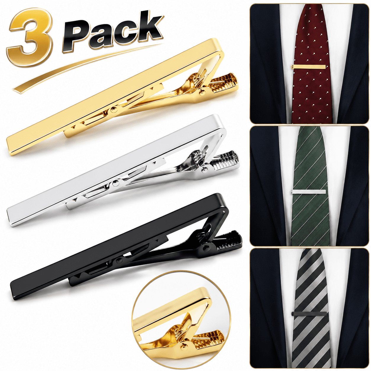 USTOP 3 PackPinch Classic Metal Tie Clip Pin，Black Gold White Silver Tie Bar Set for Regular Ties, Luxury Box Gift Ideas (Elegant Style) Size: 2.3'' x 0.23'
