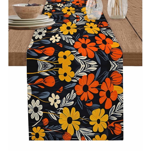 Boanket Orange Yellow Black Botanical Table Runner - 70 Inch Long, Kitchen Dining Table Runner Dresser Scarves, Floral Modernism Spring Farmhouse Decor for Coffee Tables Wedding Party Banquet