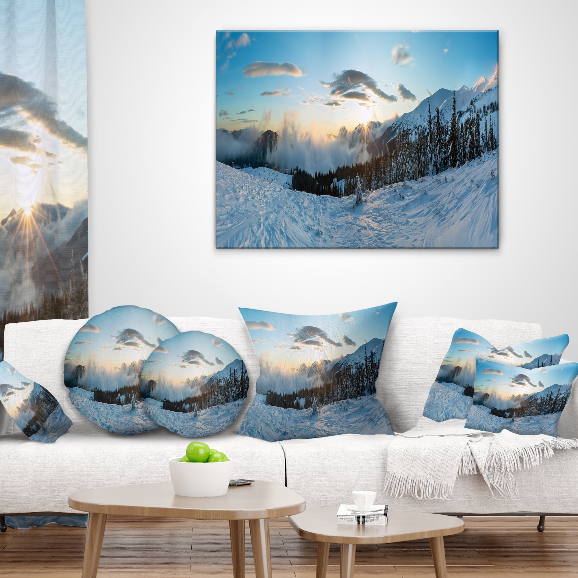 Designart Morning Winter Carpathian Mountains - Landscape Printed Throw Pillow - 12x20