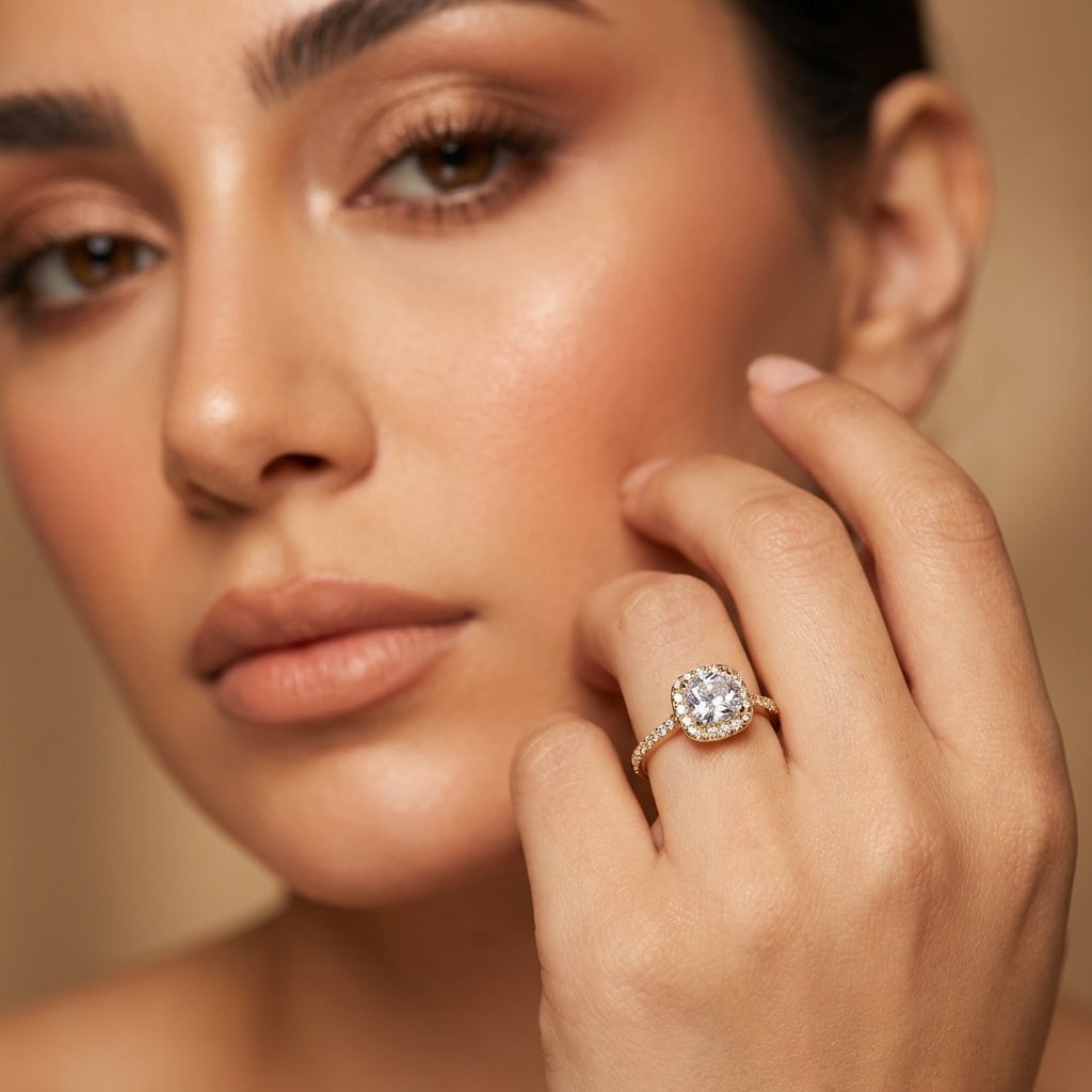 Vinali Solid 14K Yellow Gold Cushion Halo Engagement CZ Ring for Women Size 5