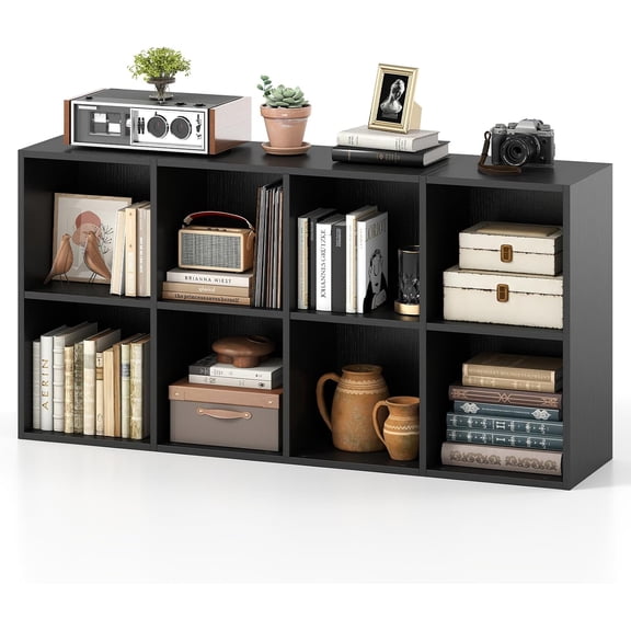 WSWJY 8-Cube Bookcase, Large Floor Standing Horizontal Bookshelf with 8 Open Shelves & 2 Anti-Tipping Kits, Home Office Wooden Storage Book Shelf for Living Room, Study (Black, 8-Cube)