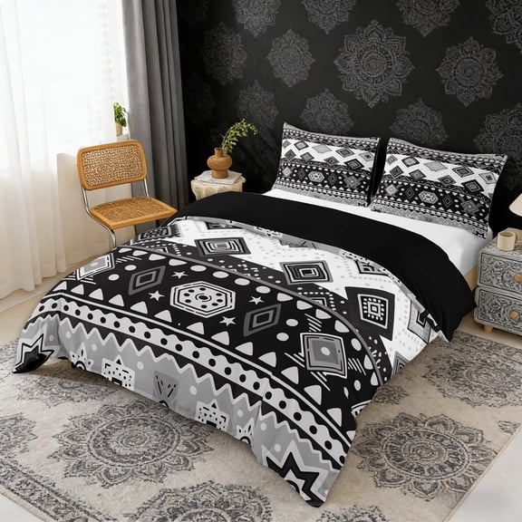 Erosebridal Geometric Aztec Duvet Cover Set, Black White Bohemian Bedding Full, Black Reversible 3pcs, 1 Duvet Cover and 2 Pillowcases (No Comforter)