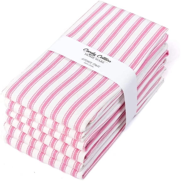 Cotton Carnival Set of 6 Kitchen Dish Towels, 100% Cotton Kitchen Towels, with Hanging Loop, Dishcloth Sets for Washing & Drying Dishes, Tea Towels & Hand Towels 18x28, French Stripe, Pink