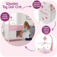thumbnail image 3 of Badger Basket Wooden Toy Doll Bed with Bedding, Storage Cabinet, Mobile, and Wheels - Fits 18 to 22-Inch Dolls, White with Pink Gingham Fabric for Pretend Play, 3 of 5