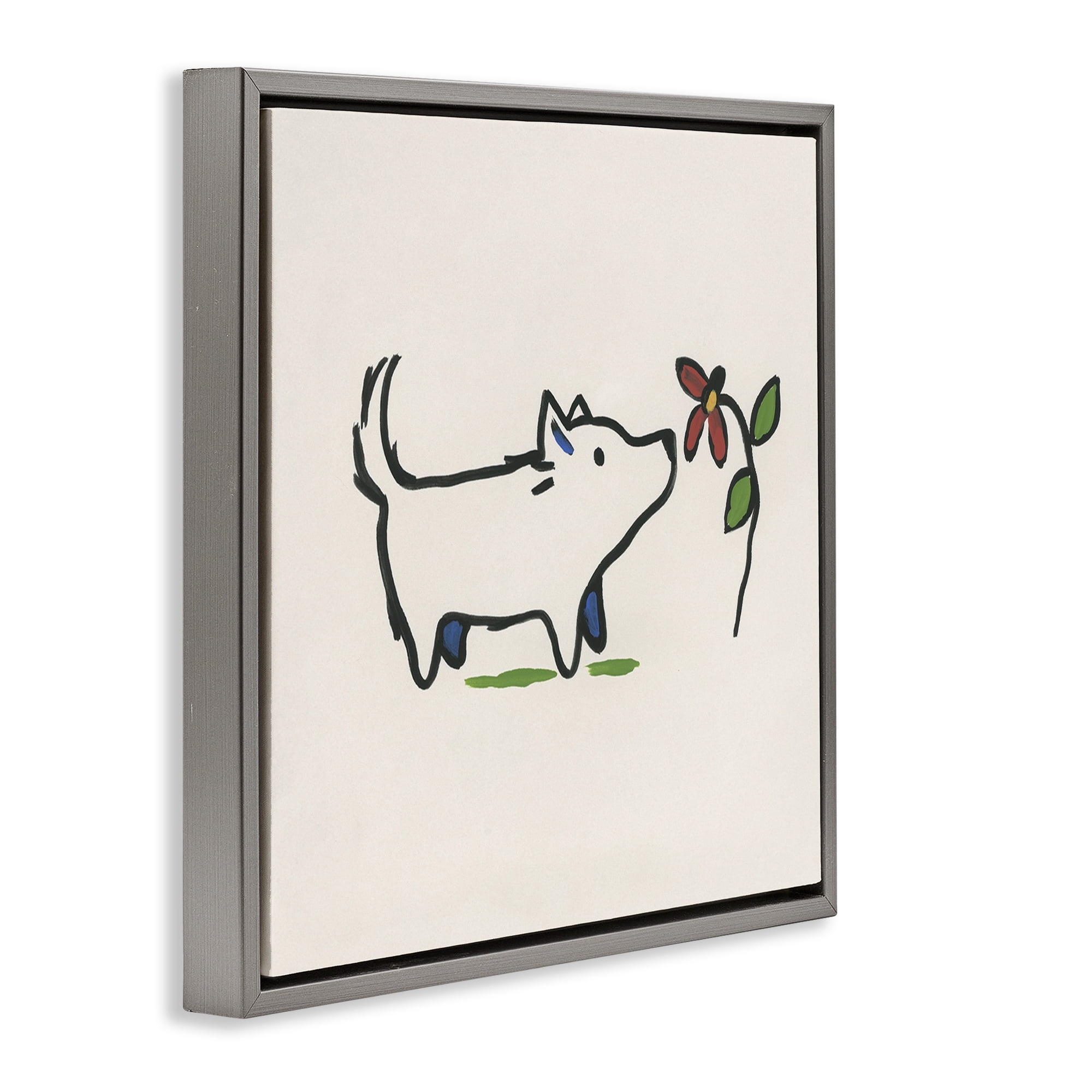 Stupell Industries Doodle Dog & Flower Plants & Flowers Painting Gray Floater Framed Canvas Art Print Wall Art, 25 x 25