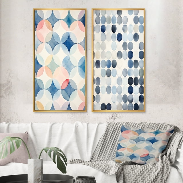 Designart "Circular Retro Aquarelle Indigo Secrets V" Art Mural Géométrique Moderne Encadré Ensemble de 2 - Art Mural Encadré Bleu Moderne Ensemble de 2