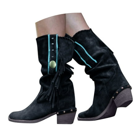 Oyedens Cowboy Cowgirl Boots for Women Beach Boho Vintage Tassel Slouch Riding Mid Calf Boots