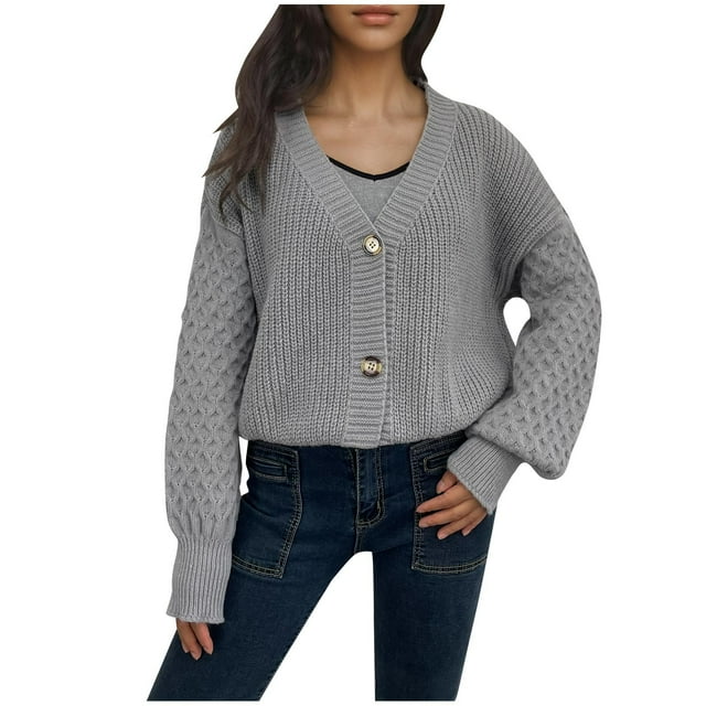 Penkiiy Women's Chunky Knit Open Front Sweater Long Sleeve Button Loose Short Cardigan Outerwear Coats L Gray