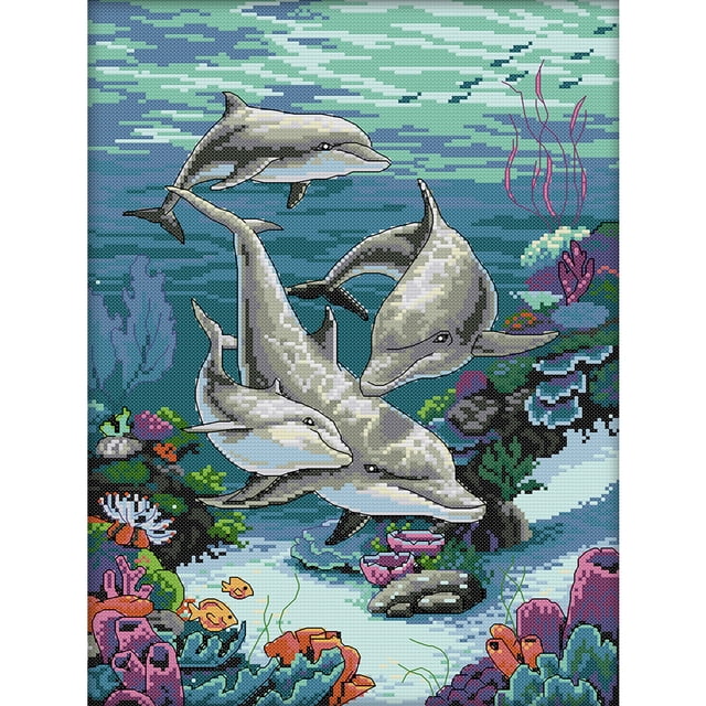 Kit Punto Cruz Con Delfín Impreso 14 Quilates Hilo Bordar (33x44 Cm)