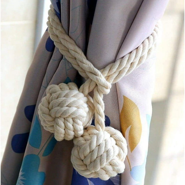 Set of 2PCS Curtain Tiebacks with Two Balls Handmade Braided Rope Curtain Tie Back Hemp Curtain Buckle Rustic Style, Chic Decorative Curtain Accessory