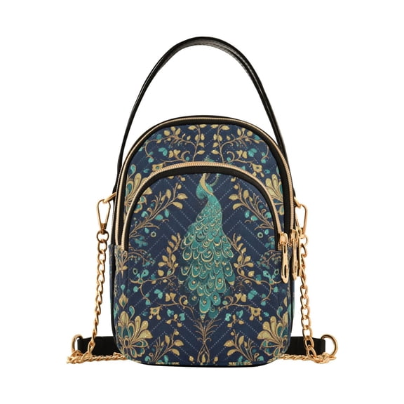 FORMRS Crossbody Bag for Women Quilted Travel Shoulder Cell Phone Purse with Chain Strap Handbag, Navy Blue Peacock Pattern
