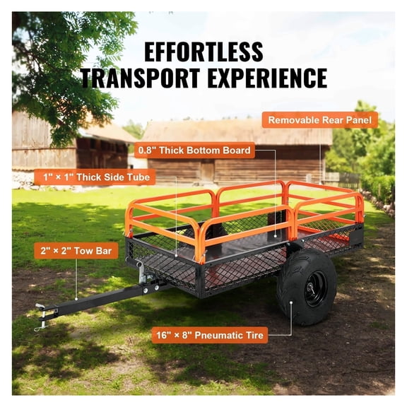 ATV Dump Trailer - 1500lb Capacity, 15 Cubic Ft - Tow Behind Cart for ATV, UTV, Tractor, Lawn Mower - Removable Sides & Heavy Duty Steel Construction