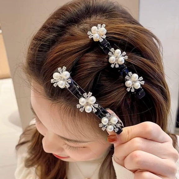 4 Pcs Sparkling Crystal Stone Braided Hair Clips, Satin Fabric Hair Bands, Four-Leaf Clover Rhinestone raided Hair Clip Duckbill Hair Clips for Women/Girls (A - 4 pcs)