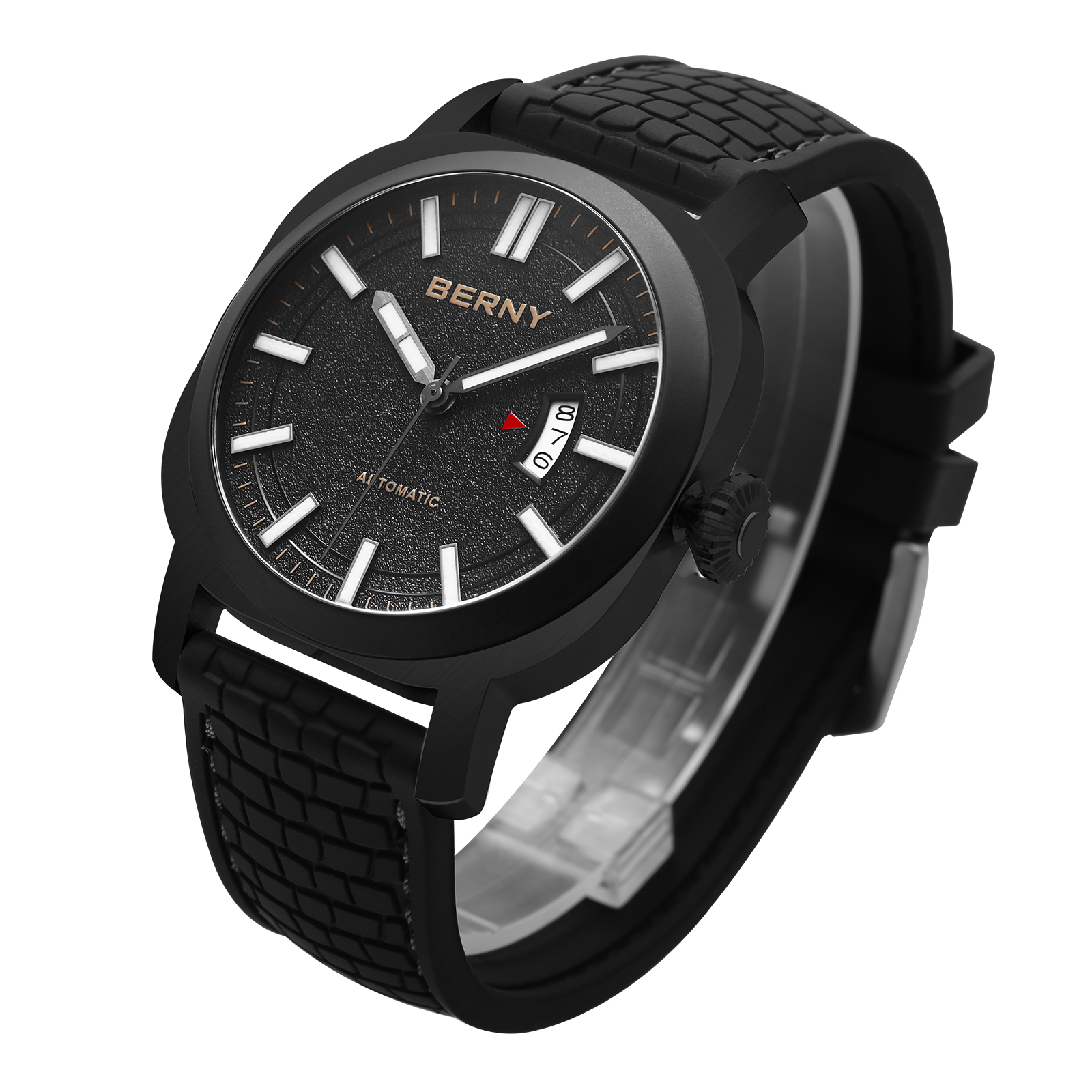 BERNY Automatic Watch for Men, Sport 10ATM Waterproof Mechanical Watch with Silicone Strap, Date Calendar, Super Luminous, Sapphire Glass, Fashion Men's Diver Wristwatch, Black