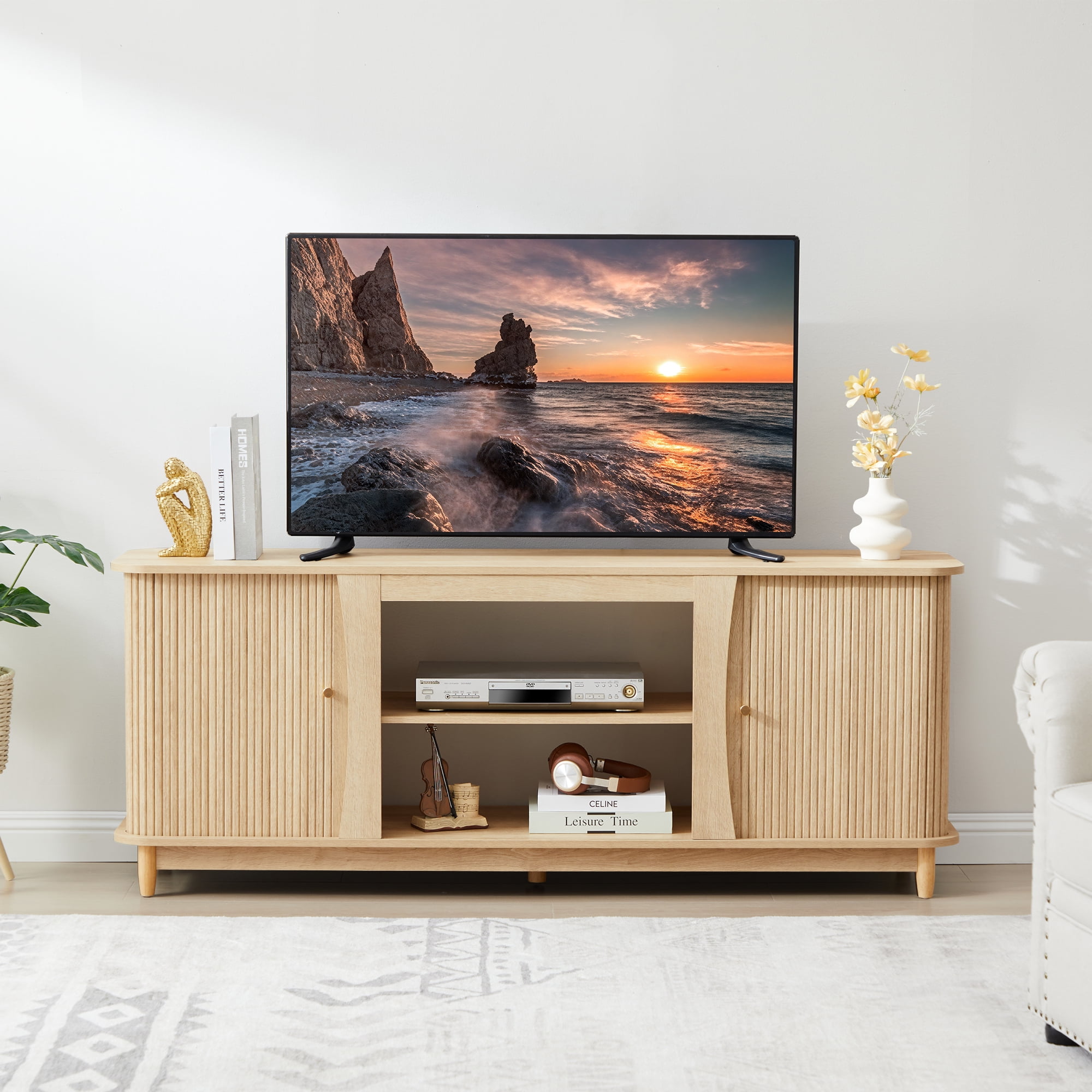 Weselon Modern Curved 63" Fireplace TV Stand with 24" Electric Fireplace for TVs Up to 60", Entertainment Center with Storage Drawer and Open Shelves,Oak