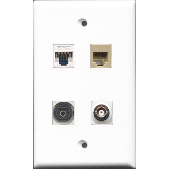RiteAV 1 Port Phone RJ11 RJ12 Beige and 1 Port Toslink and 1 Port BNC and 1 Port Cat5e Ethernet White Wall Plate