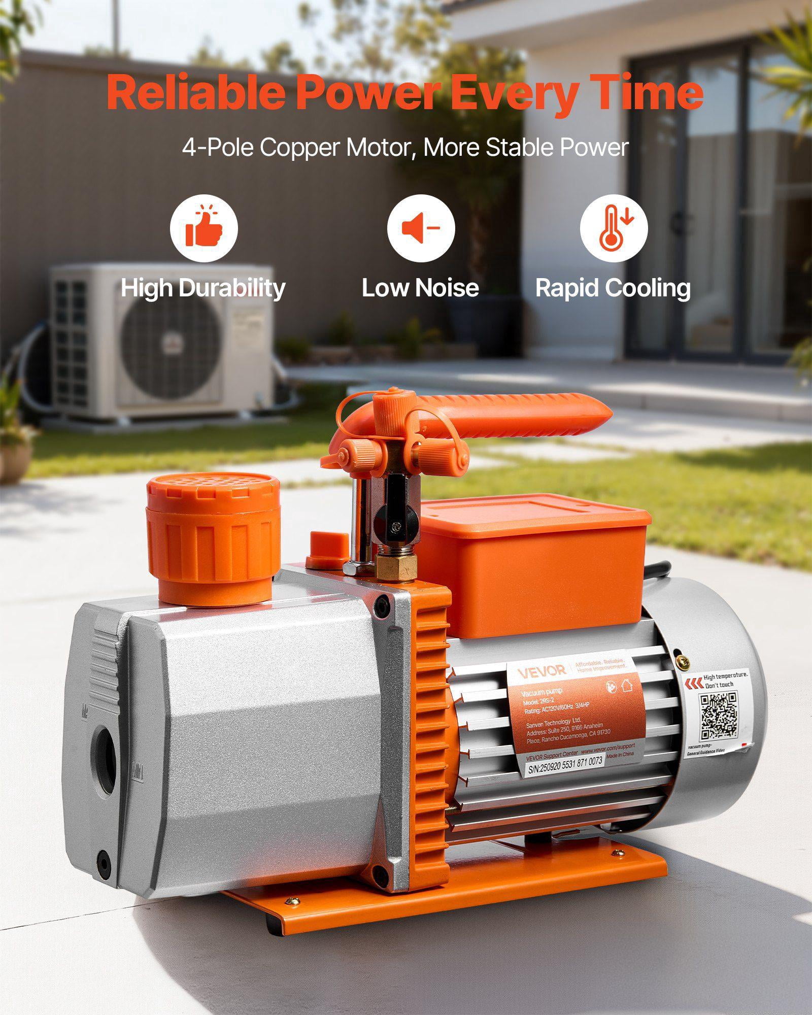 7 CFM 3/4 HP Two Stage Rotary Vane AC Vacuum Pump for HVAC R134a R22 R410a R1234YF R32 Refrigerants 4 Pole Motor Automotive AC Maintenance Degassing Oil Containing Resins