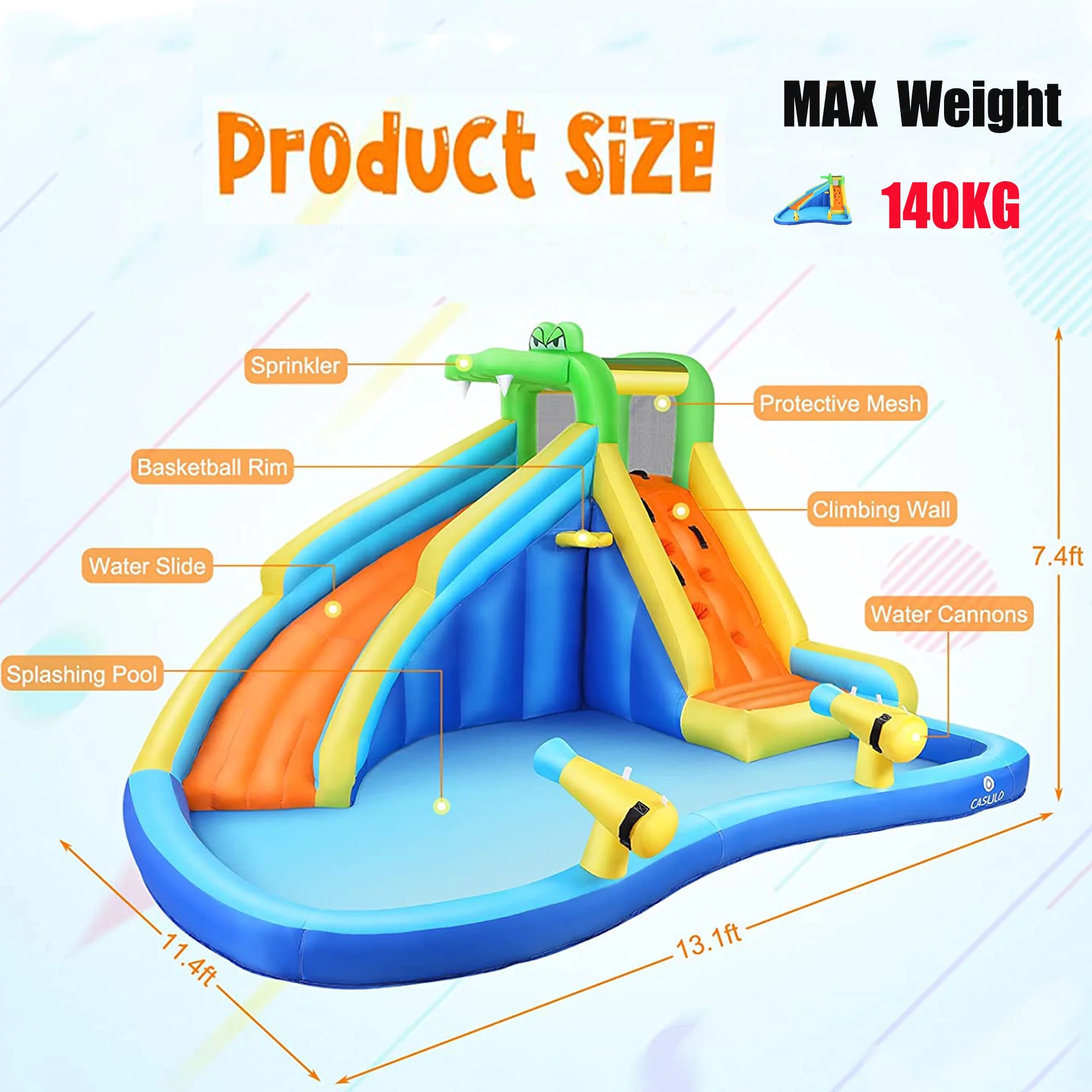 Veeboto Inflatable Water Slide, 5-in-1 Inflatable Water Park with Blower, Paddling Pool, 2 x Water Guns, Climbing Wall, Basketball Hoop, and Long Water Slide for 2-10 Years Kids