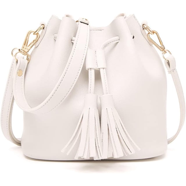 LHSHIDU Womens Mini Bucket Bag Leather Drawstring Handbag Tassel Shoulder Purse Retro Crossbody Wallet with Adjustable Straps