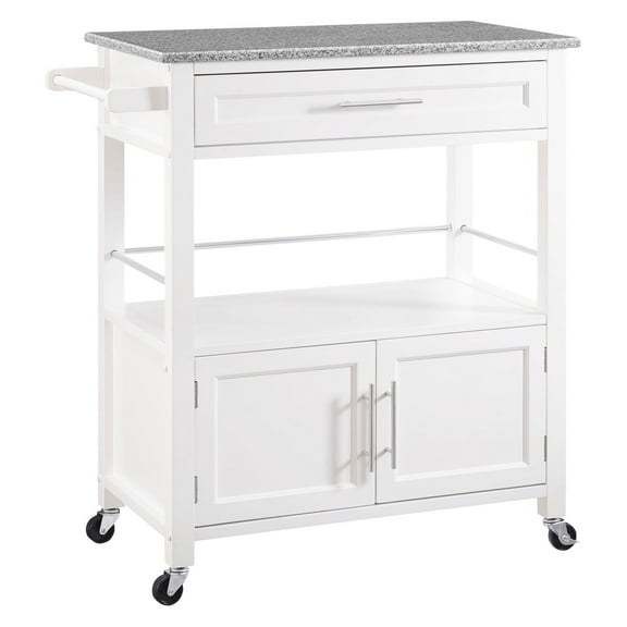 Linon Cameron Wood Granite Top Rolling Kitchen Cart Ample Storage in White