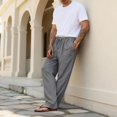 thumbnail image 4 of Domuza Men's Casual Linen Pants Summer Beach Trousers Loose Fit Straight-Legs Elastic Drawstring Waist Yoga Trousers Dark Gray M, 4 of 5