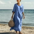 thumbnail image 2 of Summer Linen Dresses for Women 2026 Round Neck Short Sleeve Maxi Dress Casual Loose Flowy Long Dresses Beach Vacation Outfits, 2 of 6