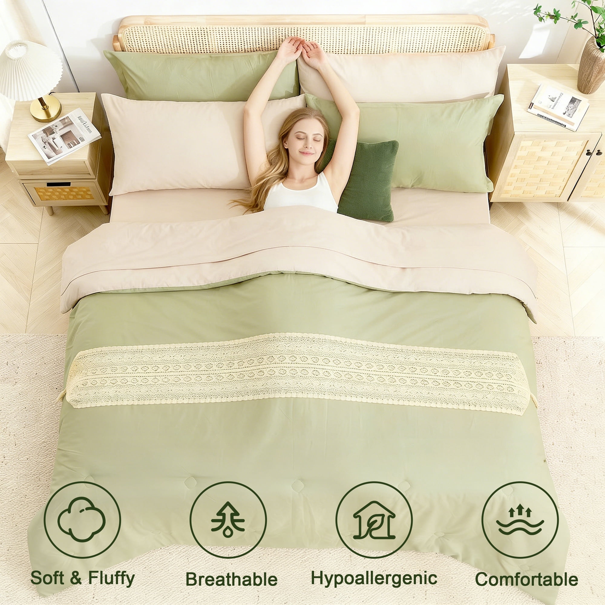 BDEUS 7 Pieces Comforter Set Full，Bed in A bag，All Seasons Bedding sets with Comforter,Fitted Sheet,Flat Sheet,Pillowcases & Shames，Sage green
