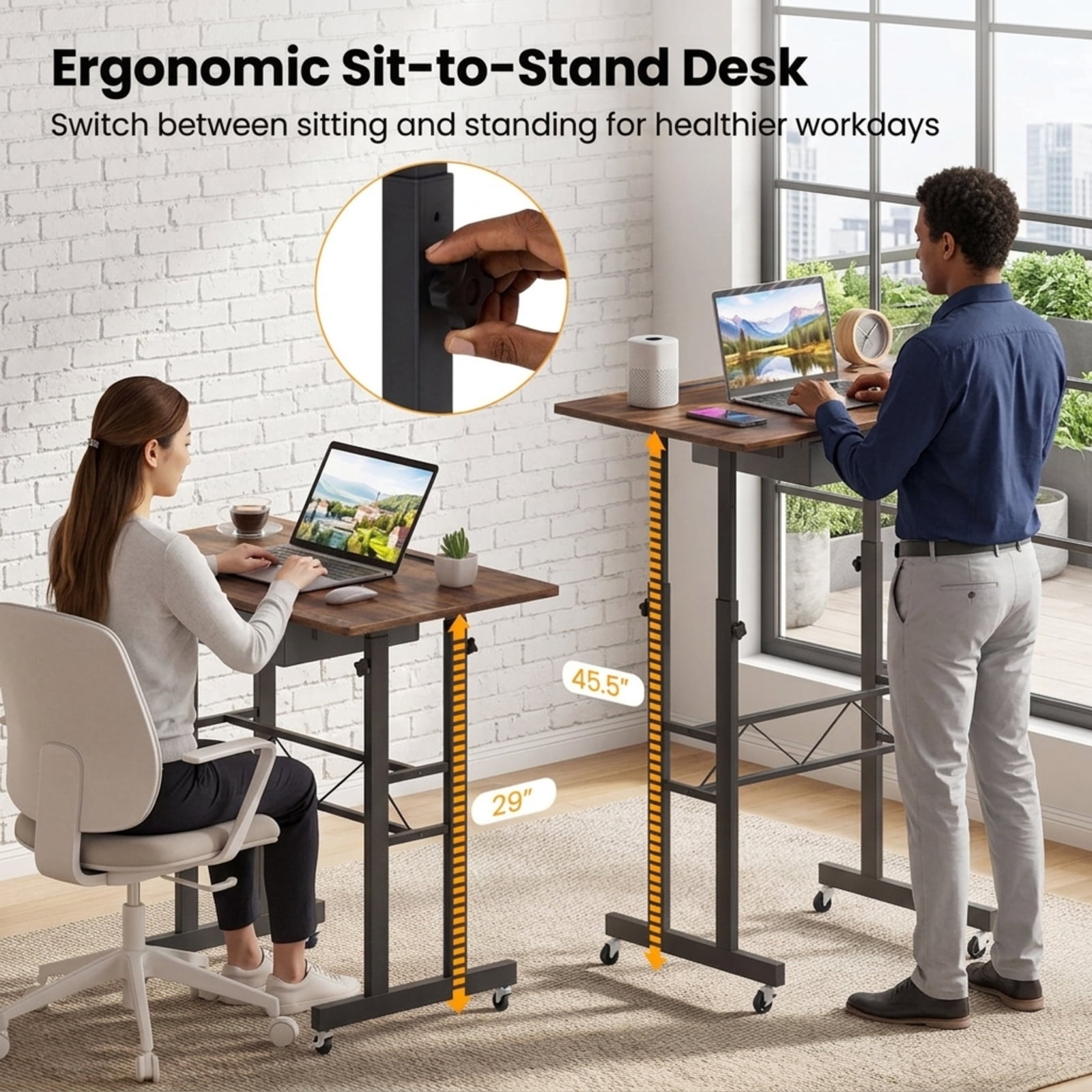 Furnibear Height Adjustable Standing Laptop Desk with Fabric Drawer Tablet Holder Lockable Wheels and Sit Stand Design for Home Office, Rustic Brown