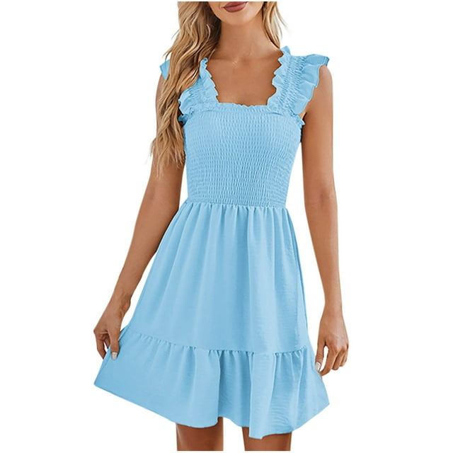 Staron Liquidation Robes d'Été pour Femmes Décontractées à Volants Smockées à Étages Fluides Mini Robes Décontractées Printemps Sans Manches Col Carré Boho Robe Ligne A Bleu Clair P