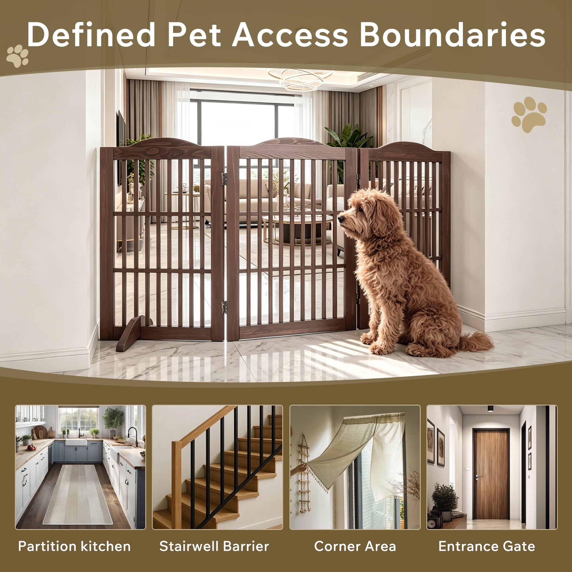 3-in-1 Wooden Pet Gate, Freestanding, Room Divider & Playpen, Z-Shape Support, Zero Assembly