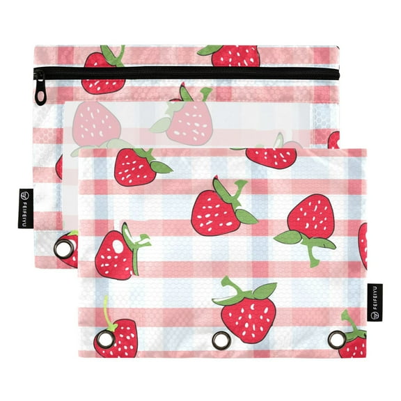 ALAZA 2 Pack Pencil Pouch Strawberry on Checkered Pencil Case for 3 Ring Binder Clear Window Pencil Bag Organizers
