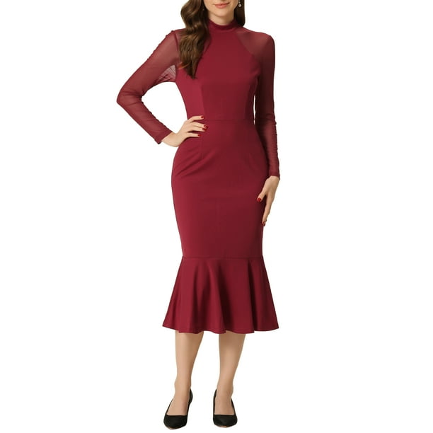 INSPIRE CHIC Vestido de Mujer Cuerpo Sirena Bodycon Cuello Mock Malla Transparente de Manga Larga XS Rojo Profundo