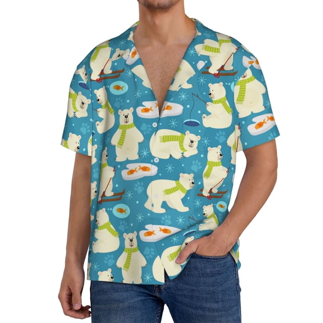 Balery Cute Polar Bear Fishing Camisa Casual de Manga Corta con Botones para Hombre, Texturizada, Estilo Cubano, para Playa, Verano-Medium
