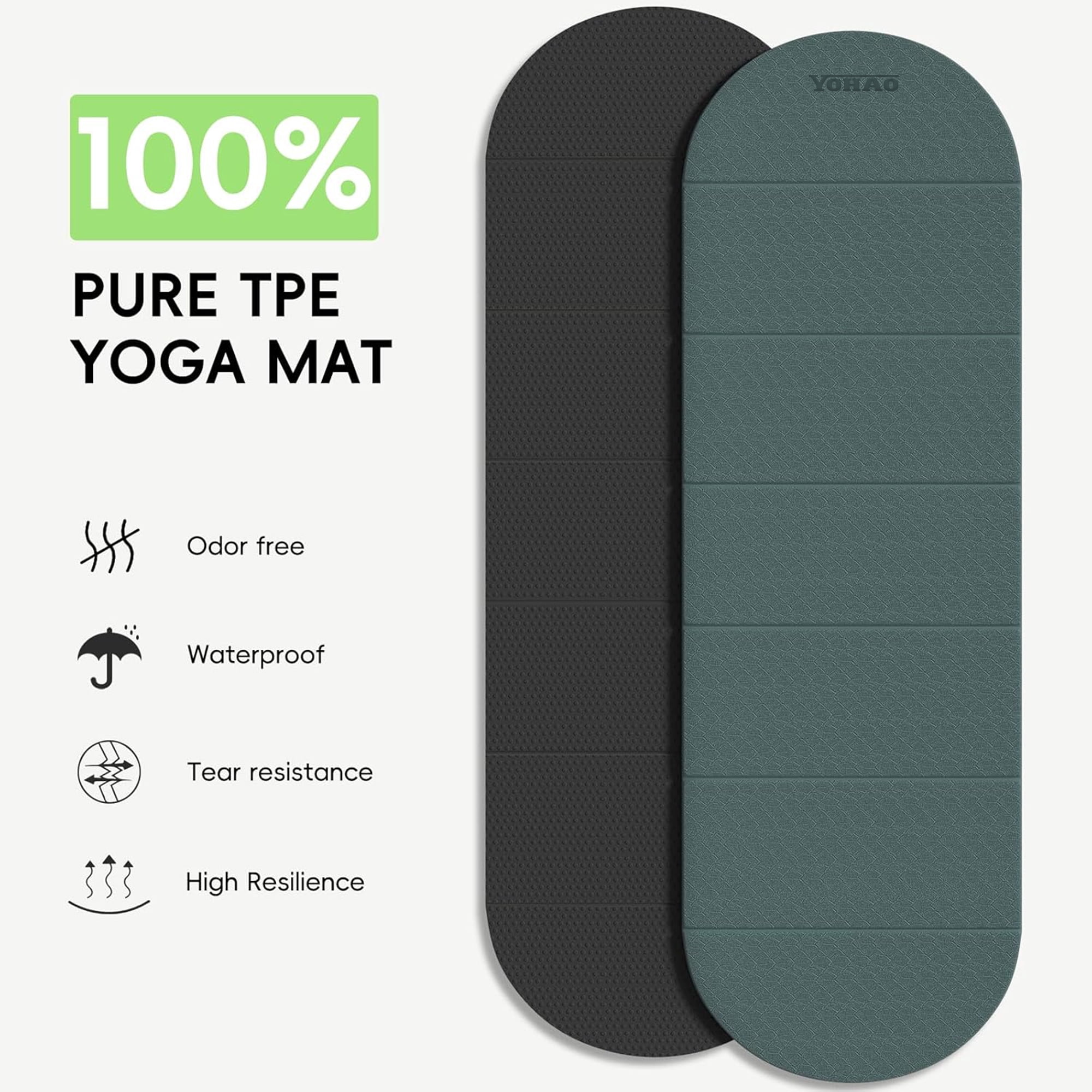 YOHAO Yoga Mat Thick,10mm Foldable Exercise Mats For Home and Travel,Rounded Folds,Quick Unfold Or Storage,Flat Lay No Curl Design(Green+Black)