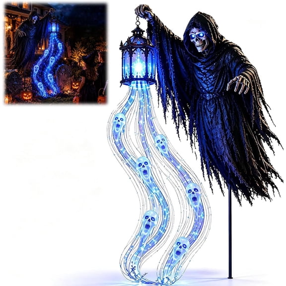 Halloween Grim Reaper Animated Garden Light, Scary Skeleton Lighted Garden Stake, Animated Blue Ghost Soul Light Outdoor Yard Decor with Haunted Lantern, Skeleton Reaper Gardens Statue