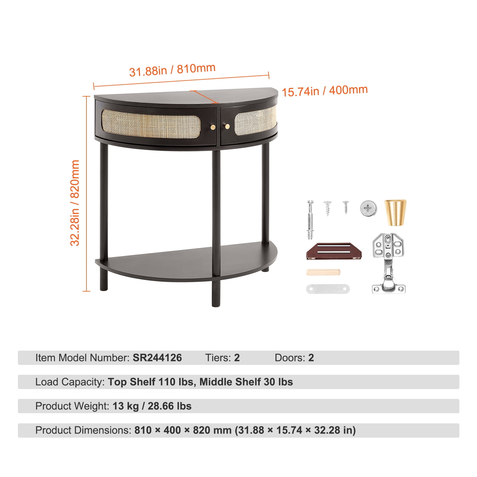 KFFKFF Semi-Circle Rattan Accent Table with Dual Drawers, Entryway Rattan Table Featuring Sliding Natural Rattan Door, Storage-Friendly Table for Lounge, Study, Foyer, or Media Wall, in Black