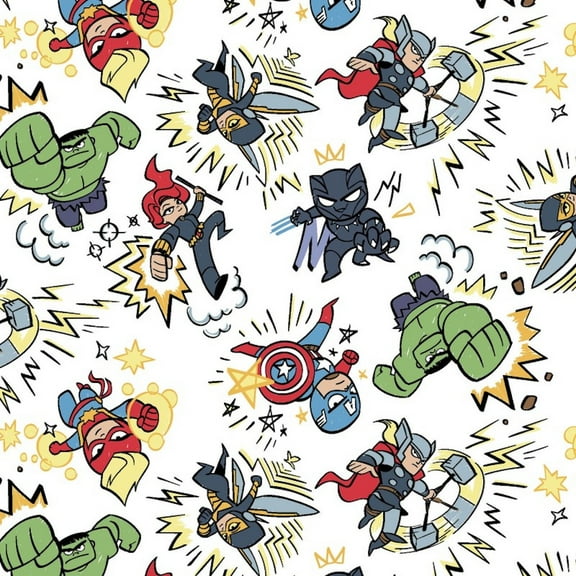 Springs Creative Marvel Avengers Kapow Cartoon Heroes Tossed White 100% Cotton Fabric by The Yard