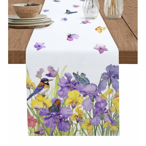 Table Runner Dresser Scarves 60 Inch Long,Watercolor Purple Yellow Iris Floral Linen Dining Table Runners Garden Butterfly Flower on Whiite Tabletop Scarf for Wedding Holiday Party Kitchen
