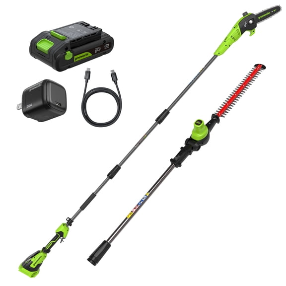 Greenworks 24V Brushless 8" Pole Saw 20" Pole Hedge Combo, 2.0Ah Battery and 30W Type-C Charger (3-FT Cord)