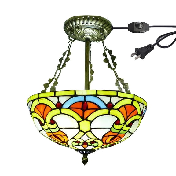 Kiven 11.8in Flush Mount Ceiling Light Fixture Dimmable, 2-Light Anti Glare Close to Ceiling Light with 15FT Plug-in Cord, Tiffany-Style Glass Chandelier for Bedroom Kitchen Hallway(No.3222)