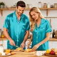 thumbnail image 5 of （Mens） Couple Matching Sets Silk Short Sleeve Button Down Sleepwear Satin Shorts Set Soft Loungewear Cyan 4XL, 5 of 8