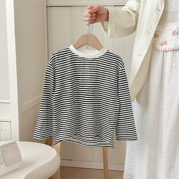 Bnwani Long Sleeve Toddler Shirts Boys Cotton Black Crew Neck Sunscreen Casual Cute Striped Tops 12-24 Momths