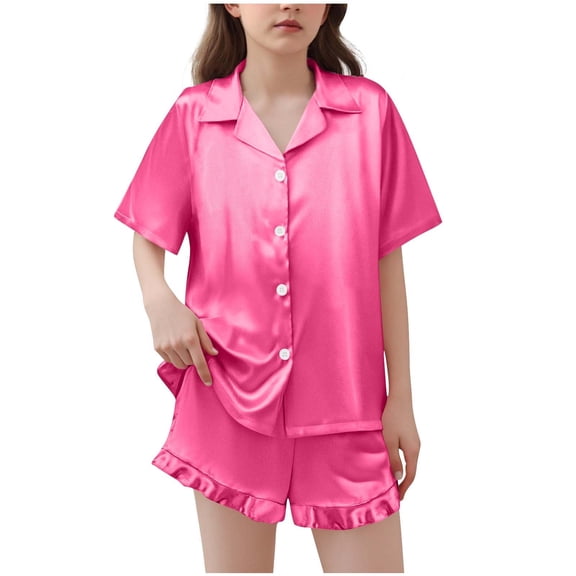 Wovilon Girls' Satin Matching Set Ruffled Hem Short Sleeve Button Down Top and Shorts 2 Piece Silky Soft Comfortable Kids Casual Home Outfit Style