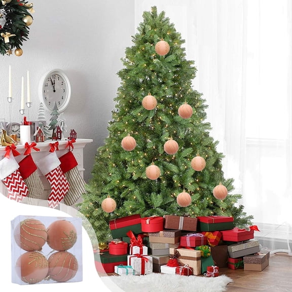 FEOLGEHLY 4 Pcs Velvet Ornaments Sets for Christmas Tree, Large Shatterproof Plastic Christmas Balls for Xmas Tree Decorative, Flocked Decorative Bulbs for Indoor Outdoor Party Home Decor, Orange