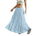 thumbnail image 7 of Women’s Long Maxi Skirt High Waist Loose Fit Elastic Waistband Lightweight Flowy Tiered Skirt Casual Solid Style Sky Blue S, 7 of 7