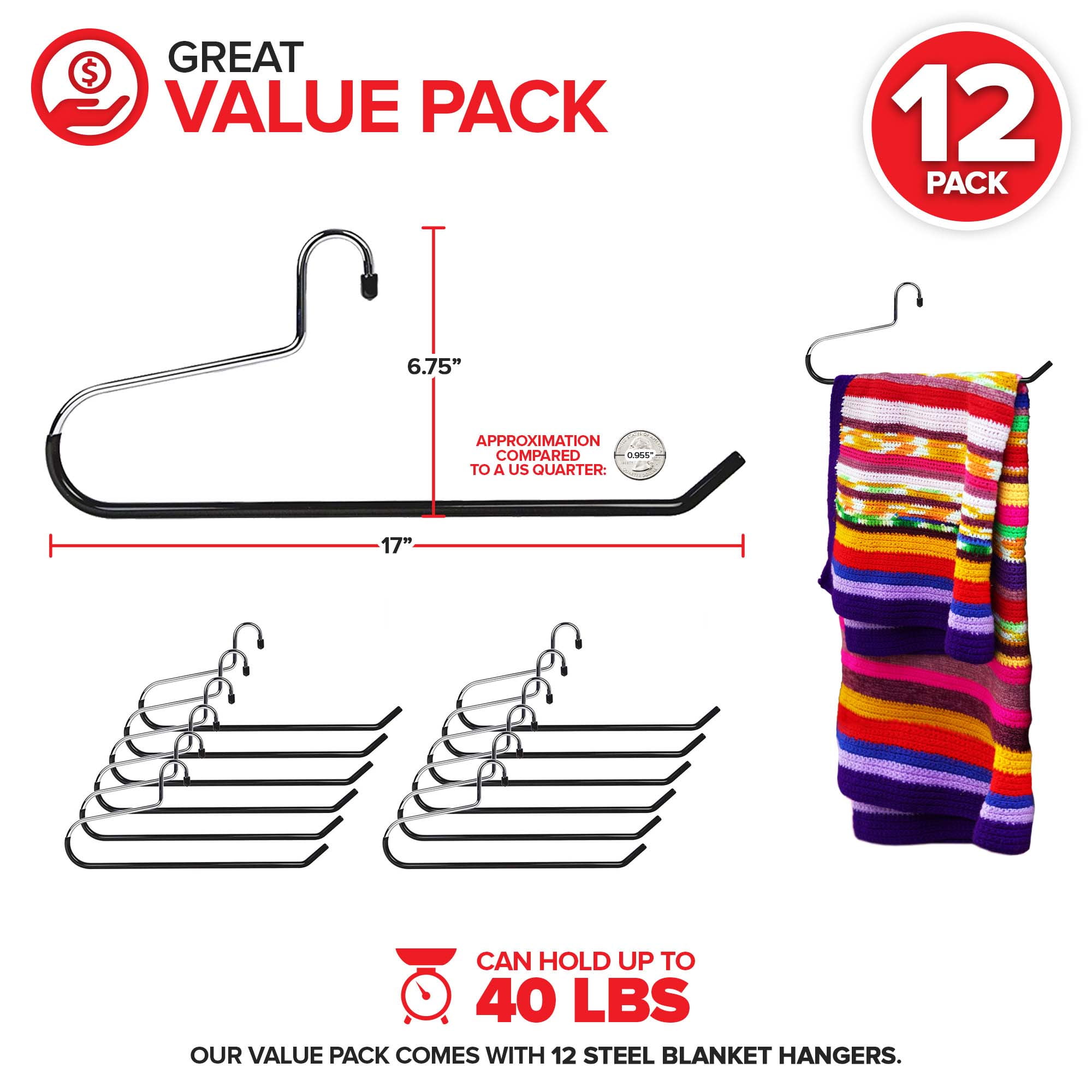 Blanket Hangers (12 Pack) - Stainless Steel Quilt Hangers with Vinyl Non-Slip Coating - Holds Up to 40 Lbs - Heavy Duty Hangers for Closet Storage, Comforters, Bedding, Towels, Rugs - Stock Your Home